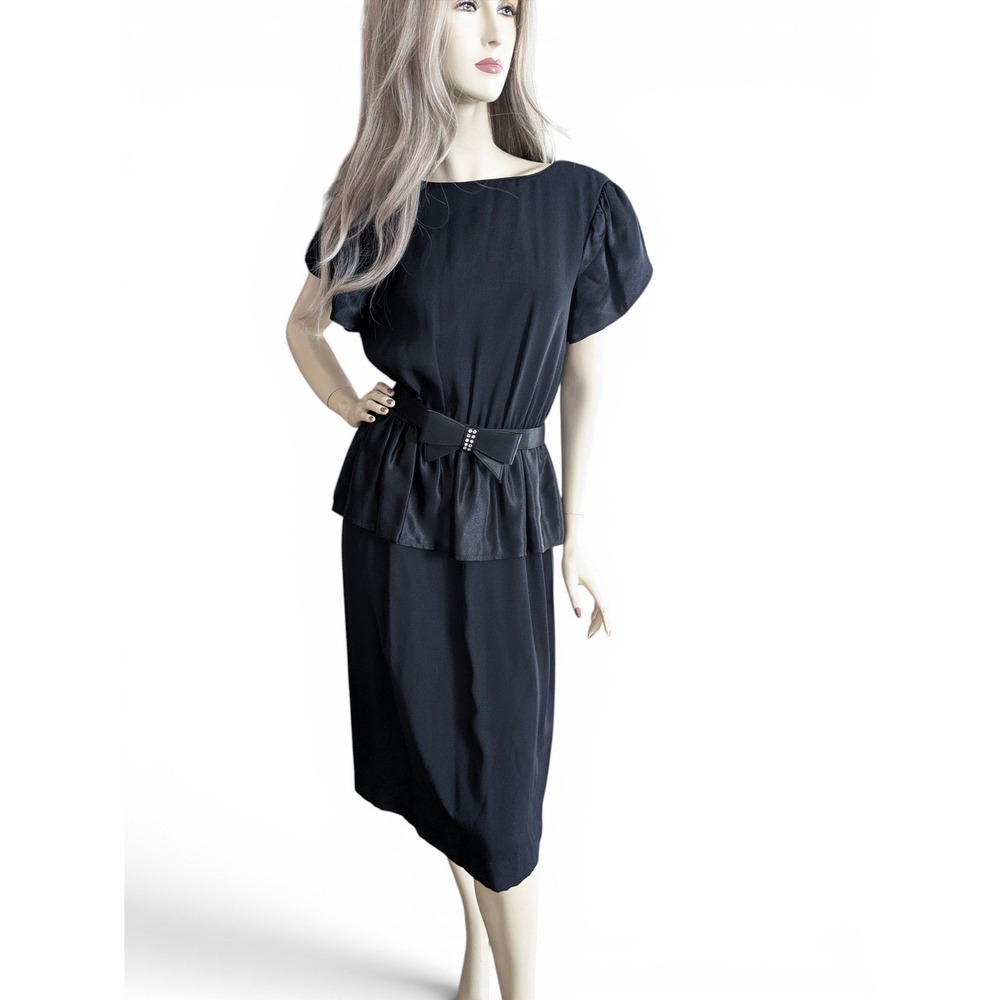 Vintage 80s Black Peplum Cocktail Dress Rhinestone Bow‎ Belt Satin Midi Size M/L